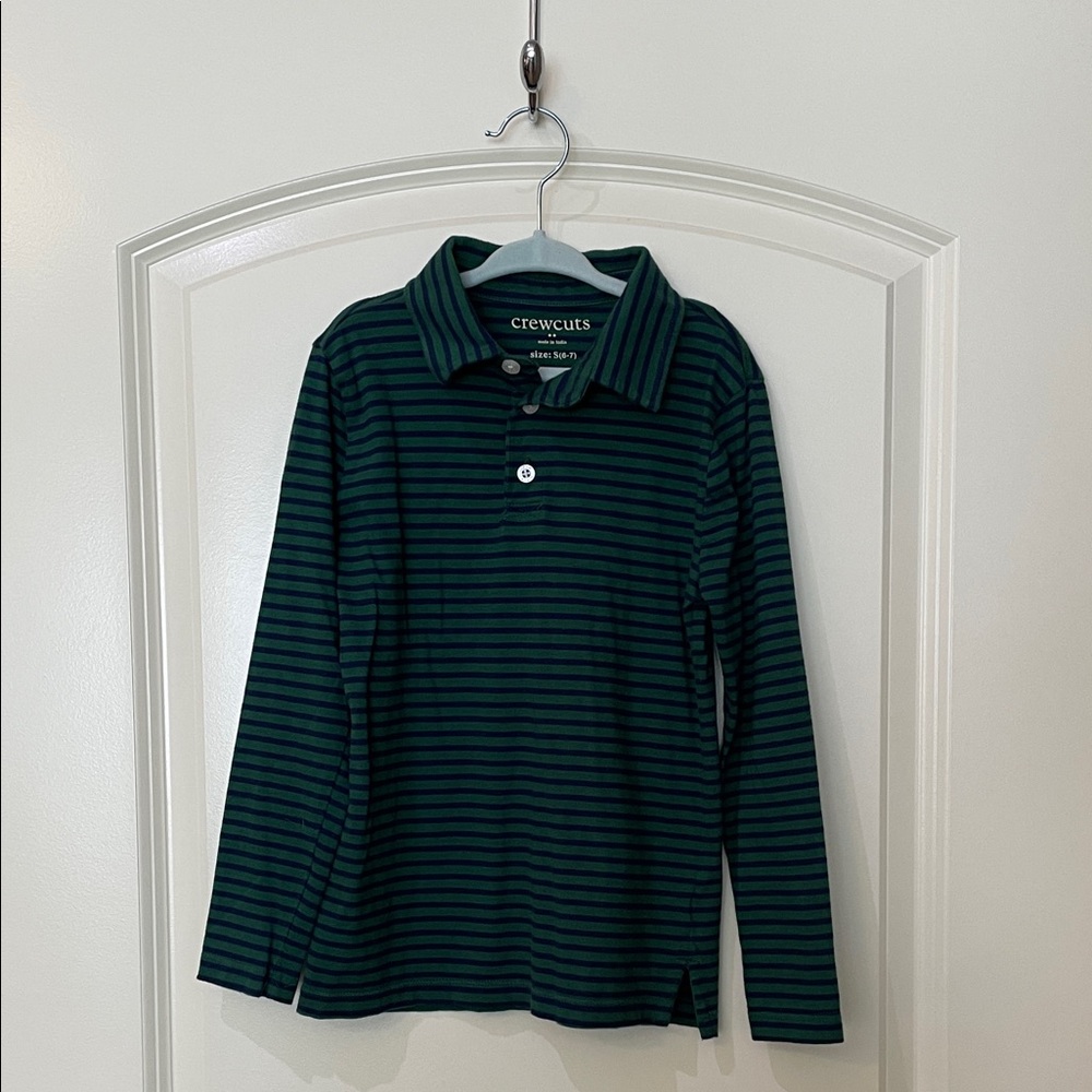 YOUTH Crewcuts Green & Black Striped Long-Sleeve Polo